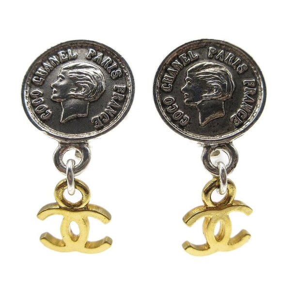 Chanel Medallion Dangle Earrings Gold Silver Clip-On - Picture 1 of 4